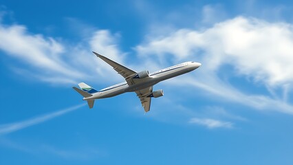 Obraz premium Airplane climbing into a clear blue sky, leaving white contrails against a backdrop of soft clouds.