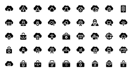 An extensive collection of cloud computing icons, illustrating data management, network connectivity, online security, and digital services