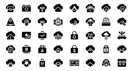 A diverse set of cloud computing icons, illustrating concepts like data storage, network connections, online services, and digital technology for modern applications