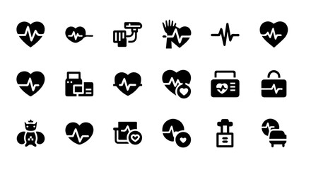A collection of black medical and health icons featuring heartbeats, ecg readings, medical equipment, and care symbols, representing cardiovascular health and patient monitoring