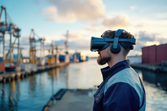 Man using virtual reality headset by a harbor during sunset with cranes in the background