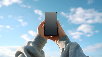 Person holding smartphone with blank screen against blue sky with clouds