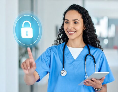 medical app, healthcare system, secure data, and doctor office. Healthcare provider operating digital health interface, secure, efficient, and modern approach to health information management.