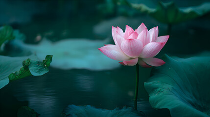 Blooming pink lotus flower emerging from dark water