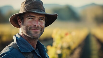 Close-up portrait of smiling farmer wearing hat in vibrant, sunlit vineyard field