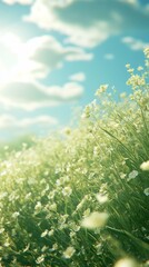 Fototapeta premium Field of Flowers Blooming Under a Sunny Sky with Fluffy Clouds