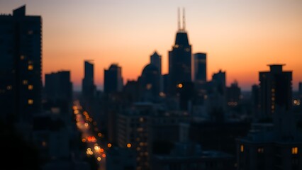 Fototapeta premium Urban cityscape at twilight with warm glowing windows, simplified silhouette and blurred foreground elements.