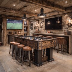 Football table surrounded by bar stools in a man cave