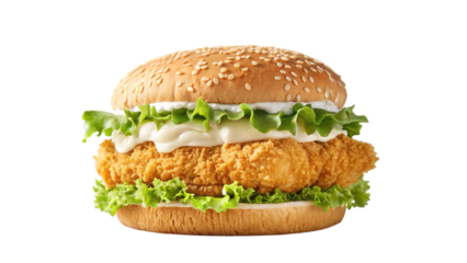Delicious crispy chicken burger with lettuce and mayonnaise on sesame bun isolated on black background on transparent background