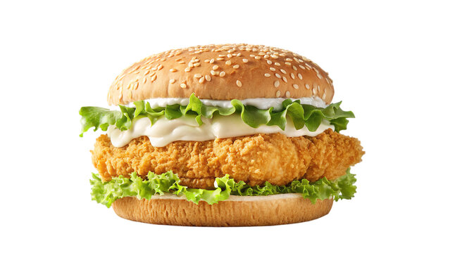 Delicious crispy chicken burger with lettuce and mayonnaise on sesame bun isolated on black background on transparent background