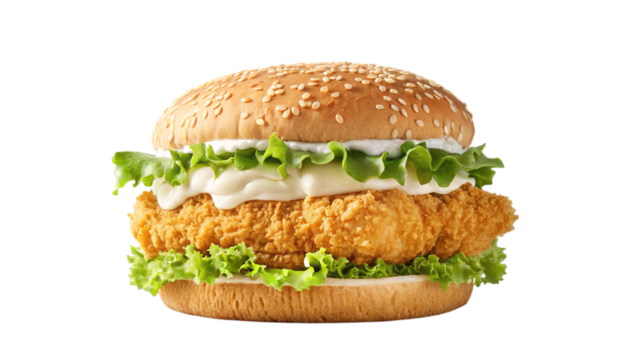 Delicious crispy chicken burger with lettuce and mayonnaise on sesame bun isolated on black background on transparent background