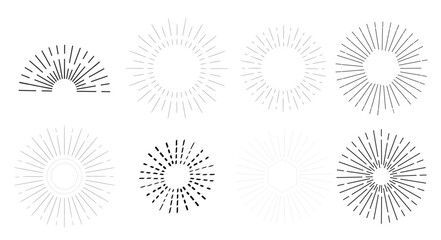 Set vintage sunbursts different shapes trendy hand drawn retro bursting rays design elements