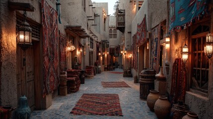 Narrow Stone Alleyway with Colorful Carpets and Warm Lighting