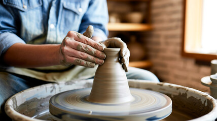 A close-up photograph of hands working clay on a pottery wheel.