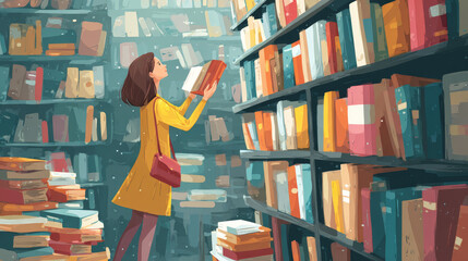Educational concept featuring a woman searching for a specific book on a shelf in a library packed with learning materials