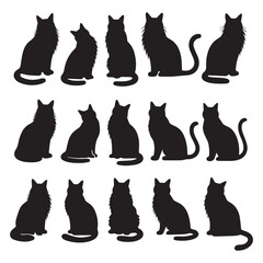 A set of 16 black cat silhouettes arranged in two rows against a white background.