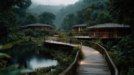 Fototapeta premium Exploring a serene rainforest retreat with wooden walkways and cozy lodges enveloped in lush greenery at twilight