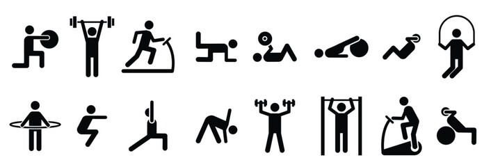 sport people icons gym lifting warmup stretch symbols fitness poses pictograms sports exercises athl.