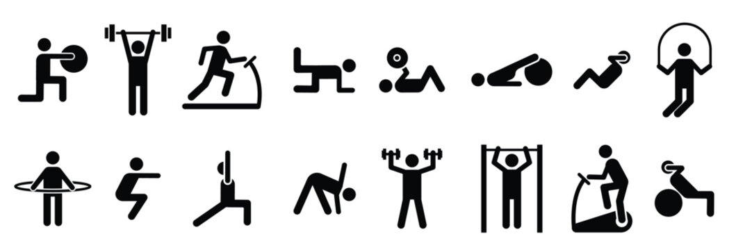 sport people icons gym lifting warmup stretch symbols fitness poses pictograms sports exercises athl.