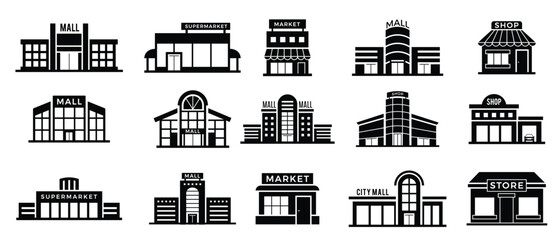 Supermarket facade. Retail shop exterior commercial mall buildings recent vector icons collection of store. Retail exterior building, storefront boutique, structure architecture illustration
