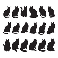 A set of 16 black cat silhouettes arranged in two rows against a white background.