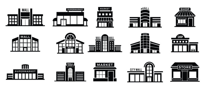 Supermarket facade. Retail shop exterior commercial mall buildings recent vector icons collection of store. Retail exterior building, storefront boutique, structure architecture illustration
