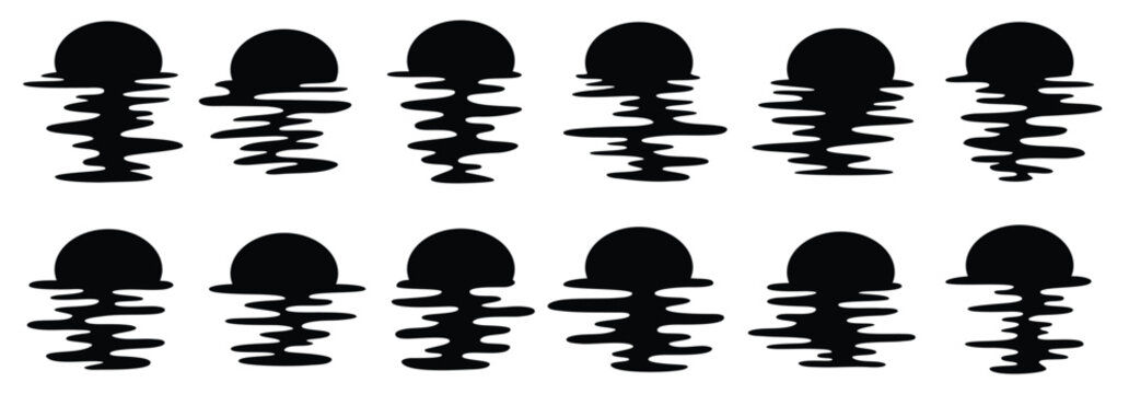 sun silhouettes set vector template sun reflection water sunset waves reflection.