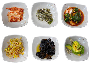 Traditional Korean Side Dishes Set with Kimchi, Stir-fried Anchovies, Cucumber Kimchi, Bean Sprouts and More for Authentic Home Meal
