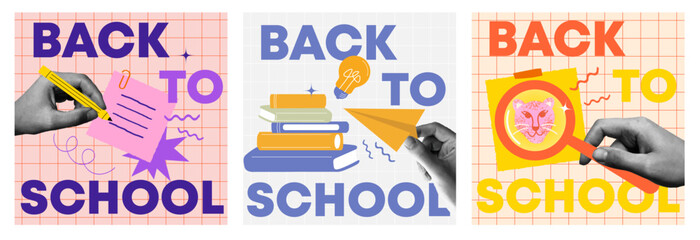 Back to school halftone collage elements set. Trendy collage with halftone hand holding pencil, magnifier, books stack and school supplies, Torn out retro zine concept. Vector illustration © Ольга Логвиненко