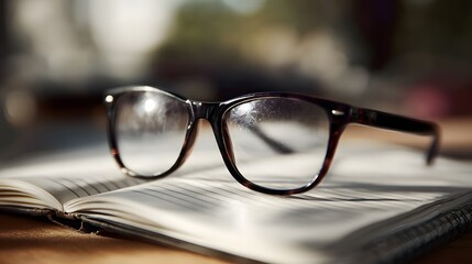 Eyeglasses resting on an open notebook on a desk