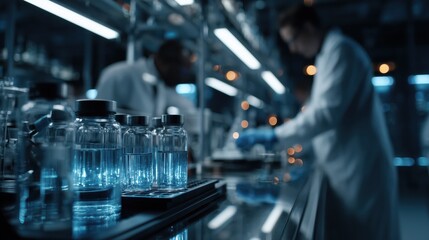 Fototapeta premium Glowing liquids in scientific exploration at a modern laboratory during twilight hours