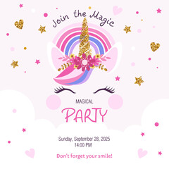 Unicorn Birthday Party Invitation with Rainbow and Glitter Elements. Cute and magical unicorn birthday party invitation design. Vector illustration in pink and gold tones.