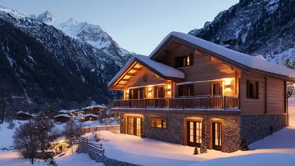 A charming wooden chalet glows warmly in a serene, snow-covered mountain landscape at twilight. - Powered by Adobe
