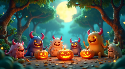 Naklejka premium A cute yet spooky Halloween scene featuring chibi-style monsters, surrounded by glowing Jack-o'-lanterns in a magical forest.
