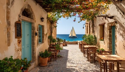Fototapeta premium Picturesque Coastal Village View Towards The Bright Sea