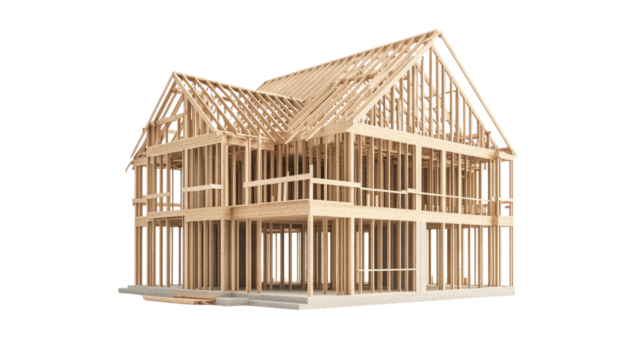 a new residential project features a wooden frame house on white background