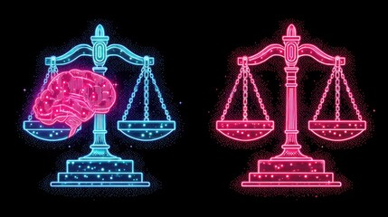 Neon scales of justice with a brain.