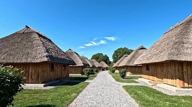 Thatchedroof cabins line a gravel path under a blue sky
