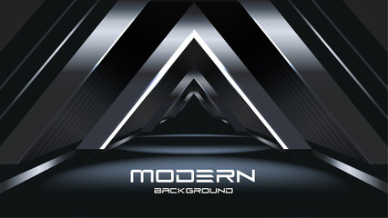 Futuristic Tunnel with Neon Triangular Arches. Sci-Fi Corridor with Reflective Metallic Geometry. Luxury Elegant Super Car Automobile Urban Design Background. Premium Black Silver Metallic Background.