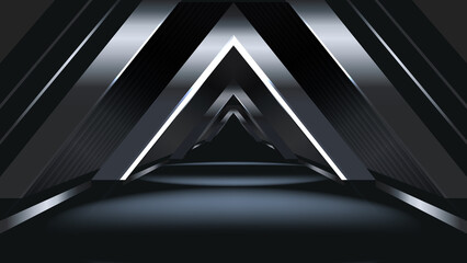 Futuristic Tunnel with Neon Triangular Arches. Sci-Fi Corridor with Reflective Metallic Geometry. Luxury Elegant Super Car Automobile Urban Design Background. Premium Black Silver Metallic Background.