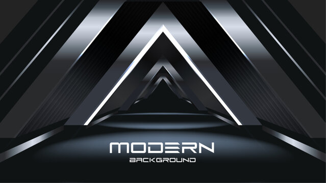 Futuristic Tunnel with Neon Triangular Arches. Sci-Fi Corridor with Reflective Metallic Geometry. Luxury Elegant Super Car Automobile Urban Design Background. Premium Black Silver Metallic Background.