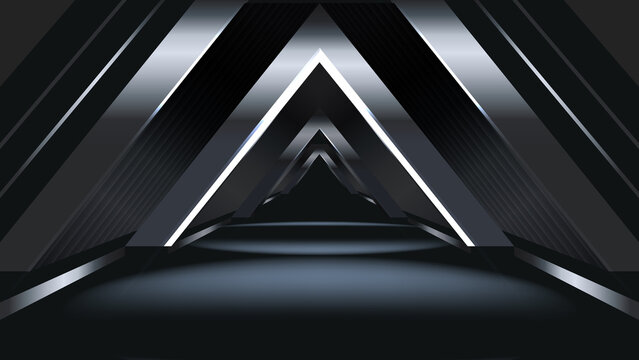 Futuristic Tunnel with Neon Triangular Arches. Sci-Fi Corridor with Reflective Metallic Geometry. Luxury Elegant Super Car Automobile Urban Design Background. Premium Black Silver Metallic Background.