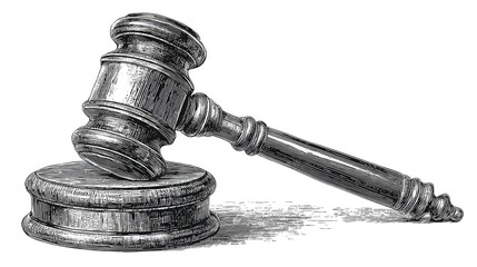 Vintage engraved illustration of a wooden gavel resting on its stand.