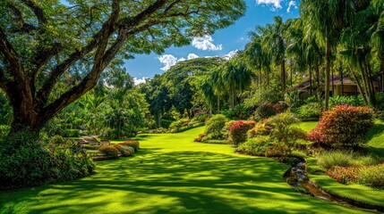 Fototapeta premium Bright green grass lawn stretching across a garden landscape with colorful plants in the distance