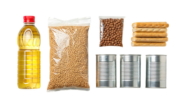 Assortment of groceries food items including oil beans crackers and canned goods pantry staples storage on transparent background