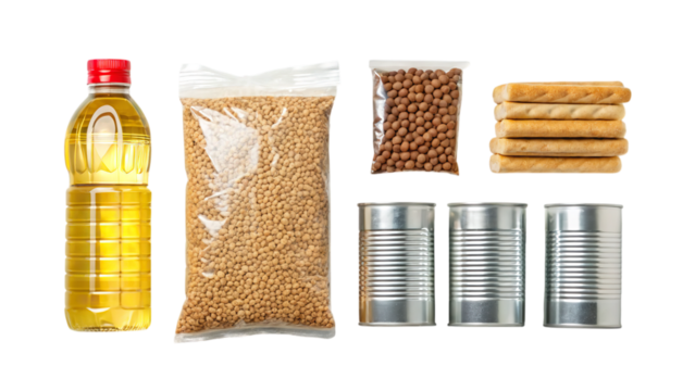 Assortment of groceries food items including oil beans crackers and canned goods pantry staples storage on transparent background