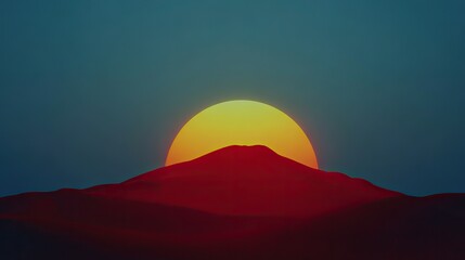 The giant sun sets behind isolated red hills in a tranquil desert, the sky and gradient colors, with halos, cinematic blooming effects, stunning sunset lights, and vibrant beauty.