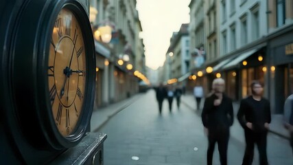 Historic Clock on a Busy City Street at Sunset with Pedestrians in Motion - Powered by Adobe