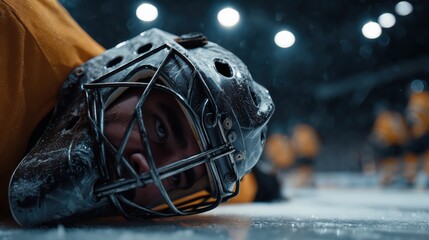 Goalie on ice after impact with a cracked mask during an intense hockey match in a buzzing arena filled with excited fans
