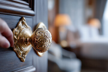 A hand holding an elegant gold door handle, partially revealing luxurious room interior in blurred background, accommodation, hotel, new house, real estate business